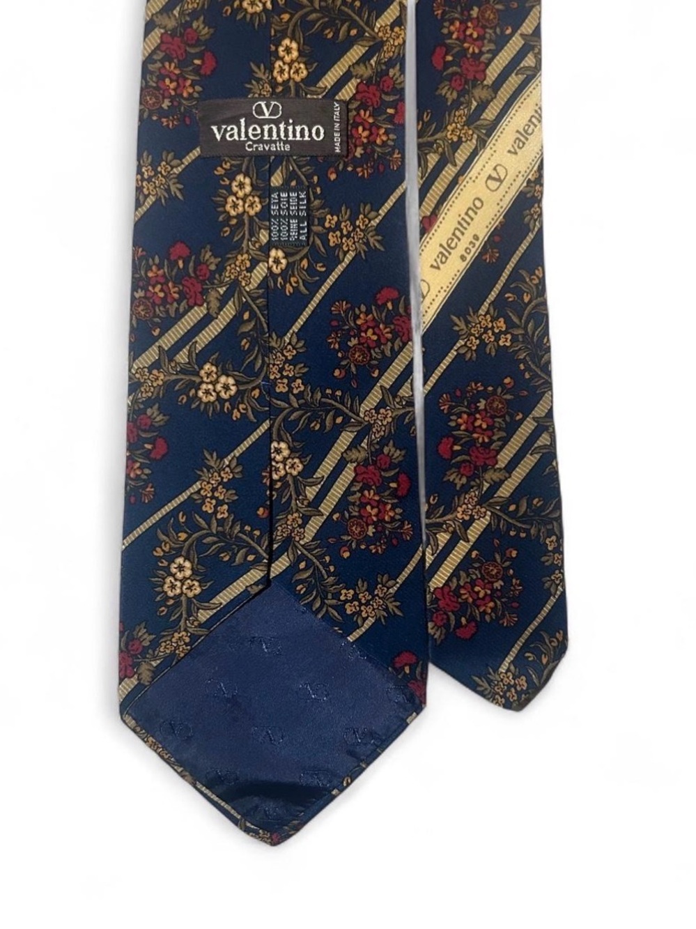 Vintage Valentino Cravatte Silk Tie Mens Navy Blue Gold Floral Striped Italy - Picture 4 of 5